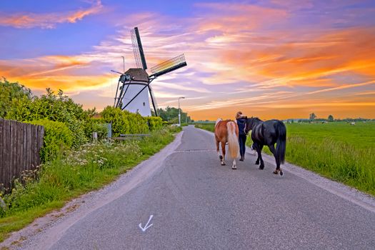 Dutch landscape with a traditional windmill in the countryside from the Netherlands