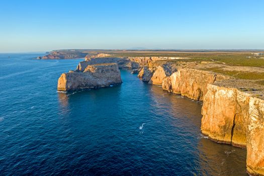 Aerial from rock formations at the southwest point in Portugal