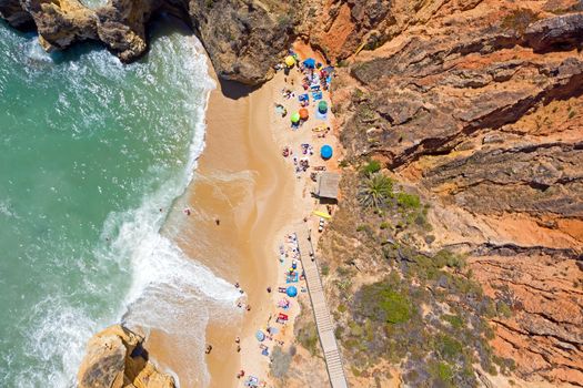 Aerial top shot from Praia Do Camillo in Lagos Portugal