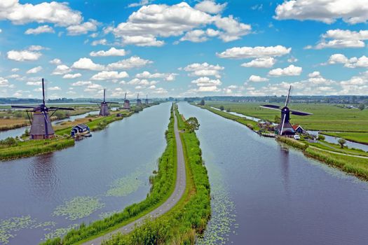 Aerial from traditional windmills at Kinderdijk in the Netherlands