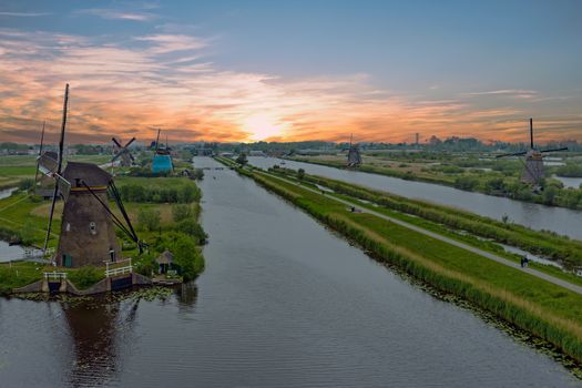 Aerial from traditional windmills at Kinderdijk in the Netherlands