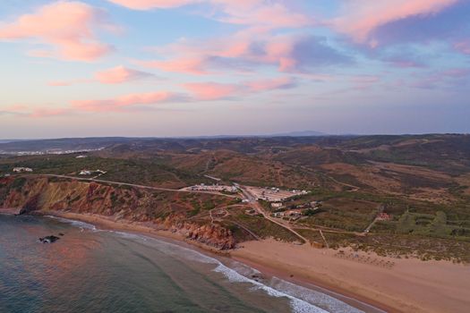 Aerial from Praia do Amado at the west coast in Portugal at sunset