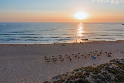 Aerial from Praia do Amado at the west coast in Portugal at sunset