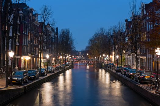 City scenic from Amsterdam in the Netherlands at sunset