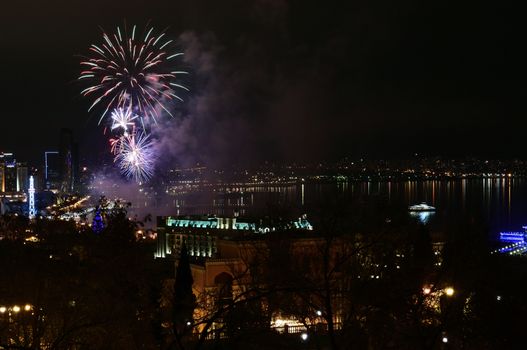 Colorful and various salutes and fireworks in the night city of Baku over the Caspian Sea.