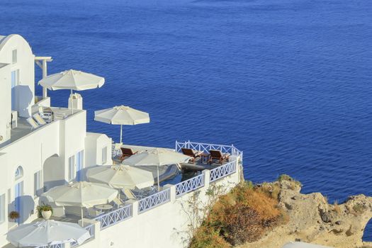 View from a balcony Oia village in the Caldera by day, Greece