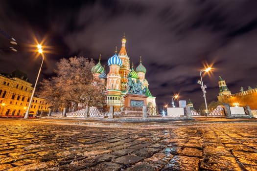 Moscow iconic landmark - Saint Basil cathedral in the Red Square, by night, during winter