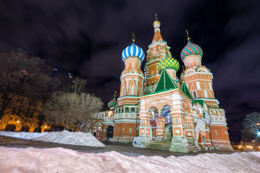 Moscow iconic landmark - Saint Basil cathedral in the Red Square, by night, during winter