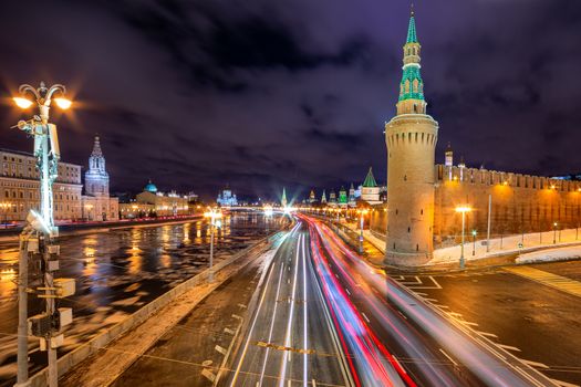 Moscow iconic landmark - Kremlin wall near Moskva river, by night, during winter