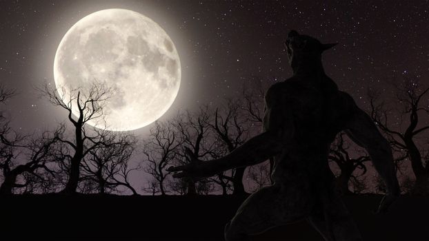 Illustration of a werewolf during the full moon in the creepy forest - 3d rendering