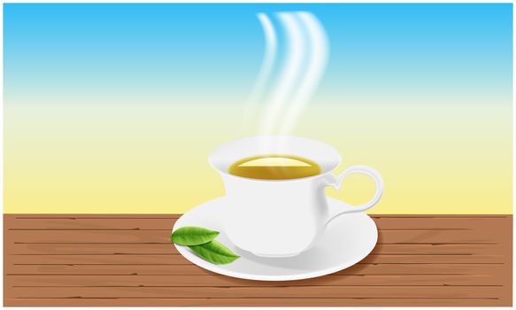 mock up illustration of tea cup with leaves on abstract background