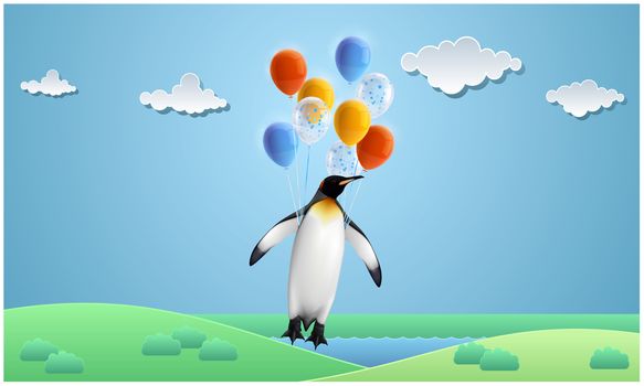 penguin is flying with balloons in garden