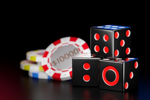 Cube black dice stack in the dark background. Casino chips are used to represent money in the gambling craps game. Ideas for luck and risk in the betting business. 3D illustrator rendering.