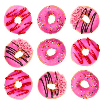 various doughnuts on white background