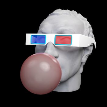 Funny illustration from 3d rendering of classical head sculpture blowing a pink chewing gum bubble. Isolated on black background