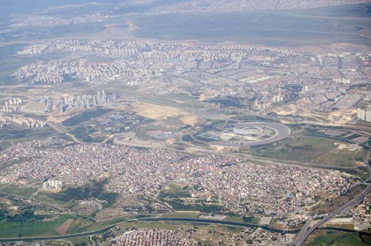 Aerial view of the Western outskirts of Istanbul and the Ataturk Olympic Stadium built for Turkey's failed bid to host the Olympic Games.  Now used as a sports stadium.