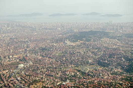 Aerial view of the Asian side of the Turkish city of Istanbul.  The Kings Islands in the Marmara Sea are visible in the distance.