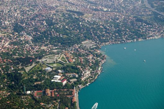 Aerial view of the Turkish city of Istanbul where the Asian side meets the Bosphorus strait around the suburb of Uskudar.
