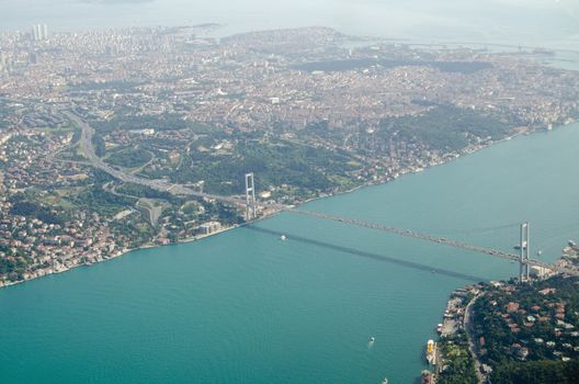 Aerial view of the First Bosphorus Bridge spanning the Bosphorus in Istanbul, Turkey.  The suspension bridge, known in Turkish as Boğaziçi Köprüsü, links Ortaköy in Europe and Beylerbeyi in Asia.