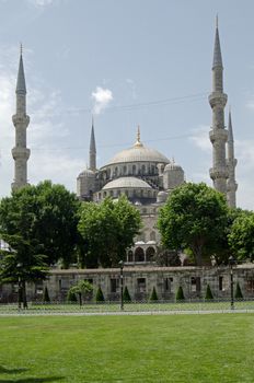 View of the famous Sultan Ahmed Mosque, commonly known as the Blue Mosque, in Istanbul, Turkey.