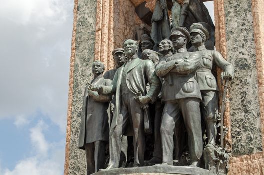 Detail showing Kemal Ataturk the statesman on one side of the Republic Monument, on public display in Taksim Square, Istanbul since 1928.  Mikhail Frunze and Kliment Voroshilov, a Marshal of the Soviet Union are among the group behind Atatürk . 