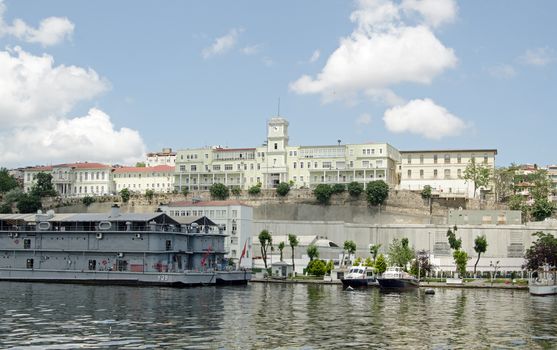 Kasimpasa Askerhastanesi Hospital, Beyoglu, Istanbul viewed from the Golden Horn on a sunny afternoon.  