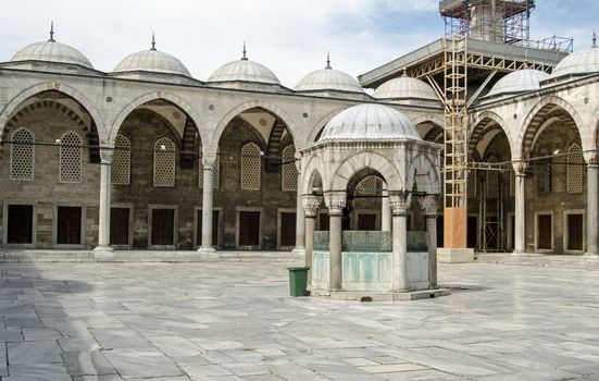 Outer courtyard of the famous Blue Mosque, the Sultan Ahmet Camii mosque, in Istanbul.  