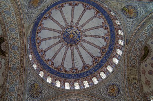 ISTANBUL, TURKEY - JUNE 6, 2016: Ornate decorated ceiling and dome of the famous Blue Mosque, Sultan Ahmet Camii, in Istanbul, Turkey.