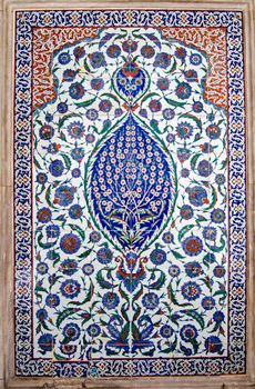 Magnificently colourful Iznik tiles decorating the exterior of the tomb of Sultan Selim II built in 1577 in the old city of Istanbul, Turkey.