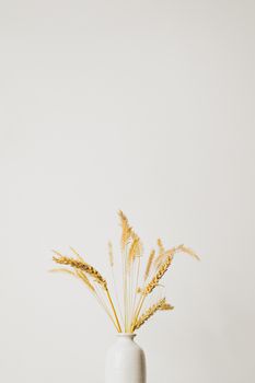 Spikelets or wheat in a vase. Home decoration elements in sparse pastel background