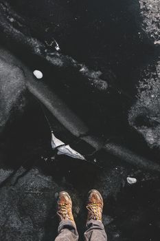 Ice texture, top view with human feet. Standing on beautiful ice,  point of view shot