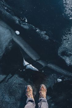 Ice texture, top view with human feet. Standing on beautiful ice,  point of view shot, blue tint