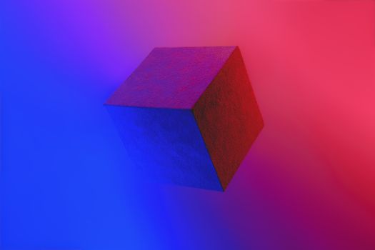 Geometric cube figure in vibrant neon colors. Vivid blue and red gradients, geometric shape, abstract concept