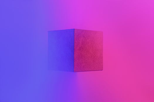 Geometric cube figure in vibrant neon colors. Faded blue and pink gradients, geometric shape, abstract concept