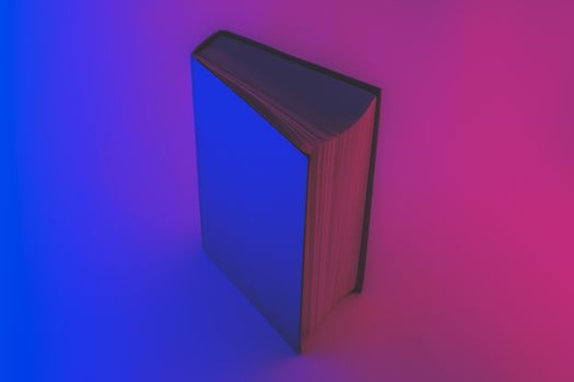 Open book in faded blue and red colors. Neon gradients, abstract background image of a book