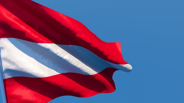 3D rendering of the national flag of Austria waving in the wind against a blue sky.