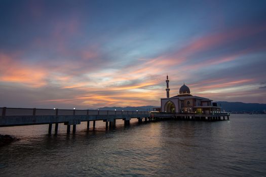 Architecture Penang Port, Malaysia floating mosque during dusk hour.