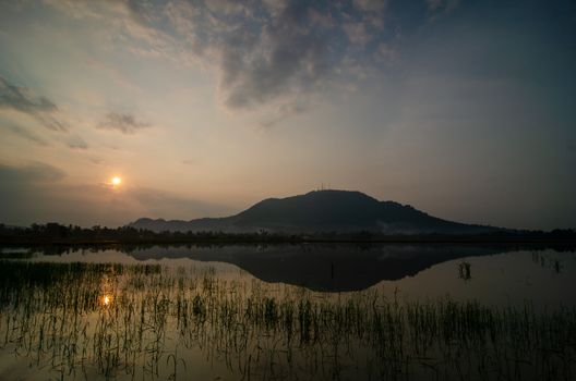 Reflection Bukit Mertajam hill in early morning.