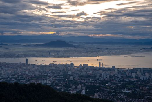 Aerial view Georgetown from Penang Hill. Background is Seberang Perai.