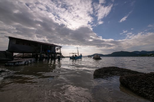 Fisherman house in evening at coastal of Penang, Malaysia.