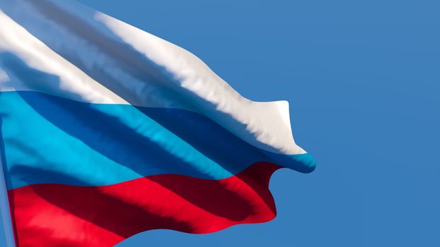 3D rendering of the national flag of Russia waving in the wind against a blue sky.
