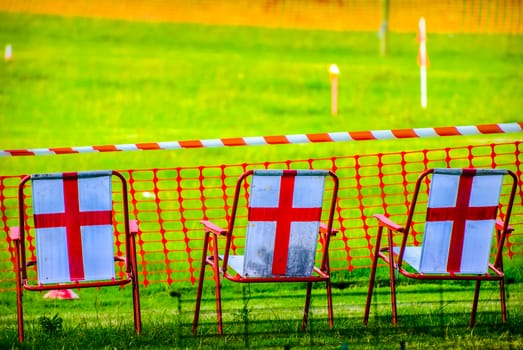 St George's cross on back of chairs on sports day in Beetham