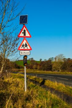 Solar powered traffic signs ,speed warning sign in a school zone,with Solar cells panel for Energy savings UK