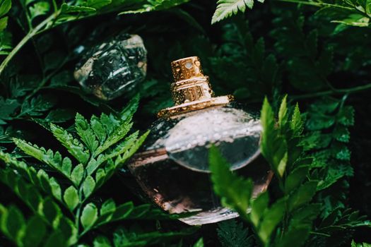 Perfume bottle with aromatic tropical scent in nature, luxury summer fragrance