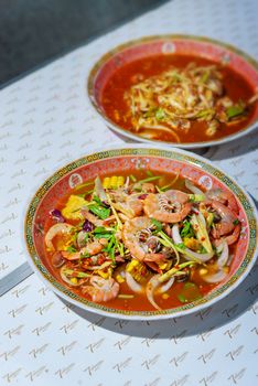 spicy salad , shrimp and mix vegetable , asian food