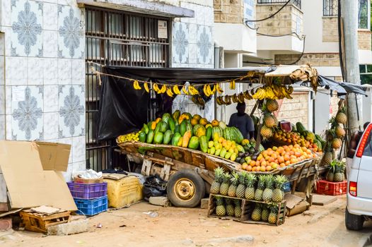 Mombasa, Kenya, Africa-10/01/2017. Display of vegetables on a trailer on a street in Mombasa in Kenya in Africa