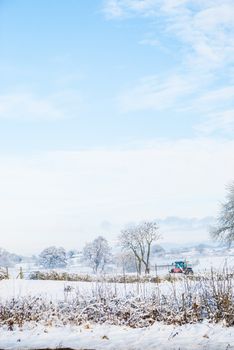 Trees and field in snow covered winter landscape UK
