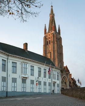 Street onto the church of our Lady, historic city of Bruges, Belgium