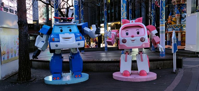 An adorable cartoon version sculpture of transformers on the streets of South Korea