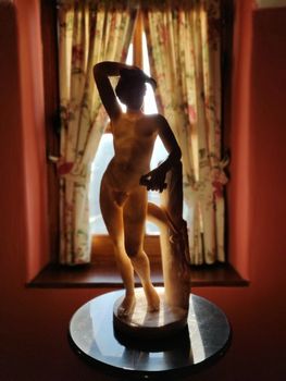 A sculpture of a naked man against sun that looks like Michelangelo's David